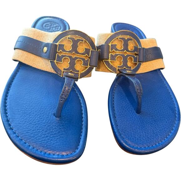 Tory Burch Amanda Leather/Textile Blue/Natural Sandals Women’s Size 8 - Picture 1 of 8